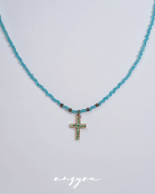 Blue Bead Cross Necklace