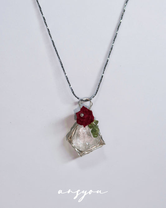 Rose Crystal & Fluorite Wire Pendant Necklace