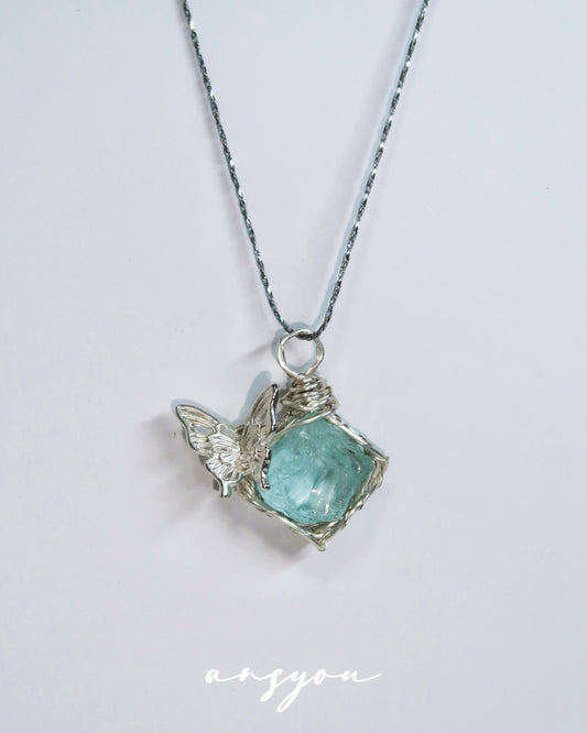Silver Butterfly Crystal & Fluorite Wire Pendant Necklace